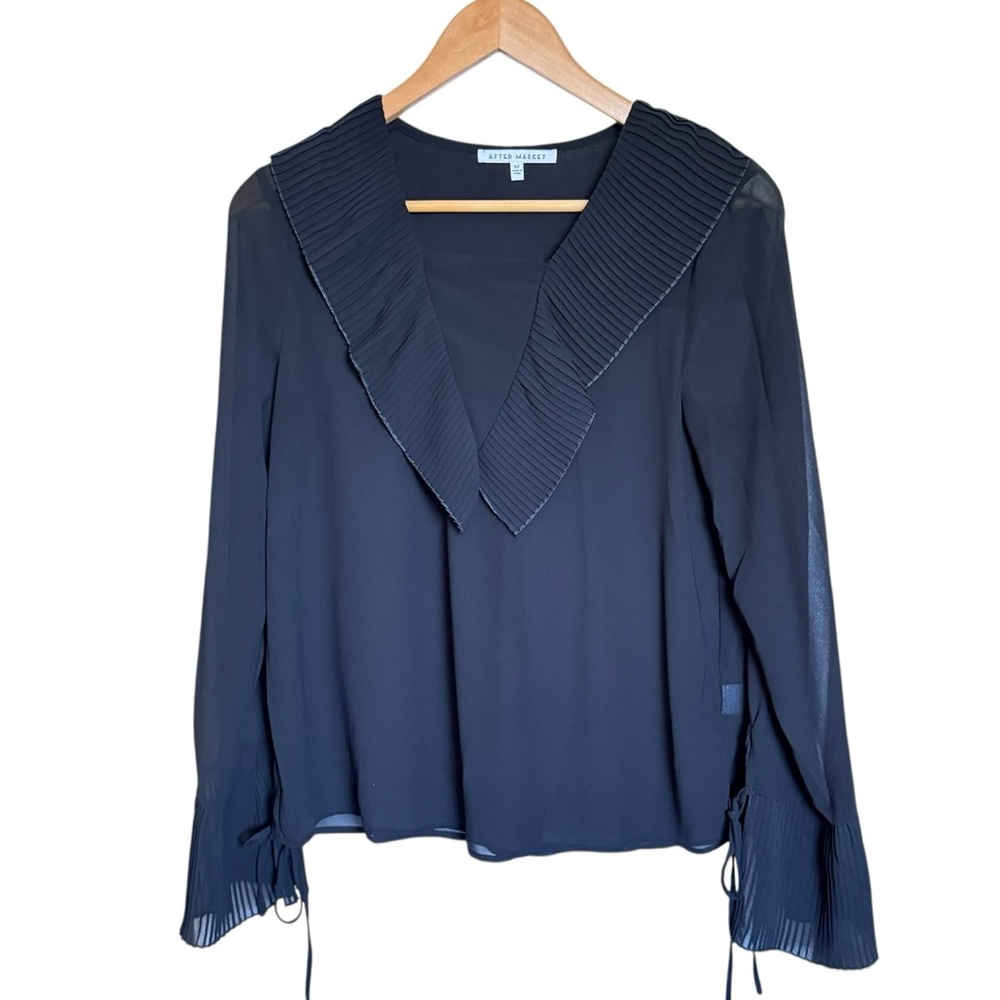 🔵 3/$18 - AFTER MARKET pleated ruffle collar long sleeve blouse black MEDIUM